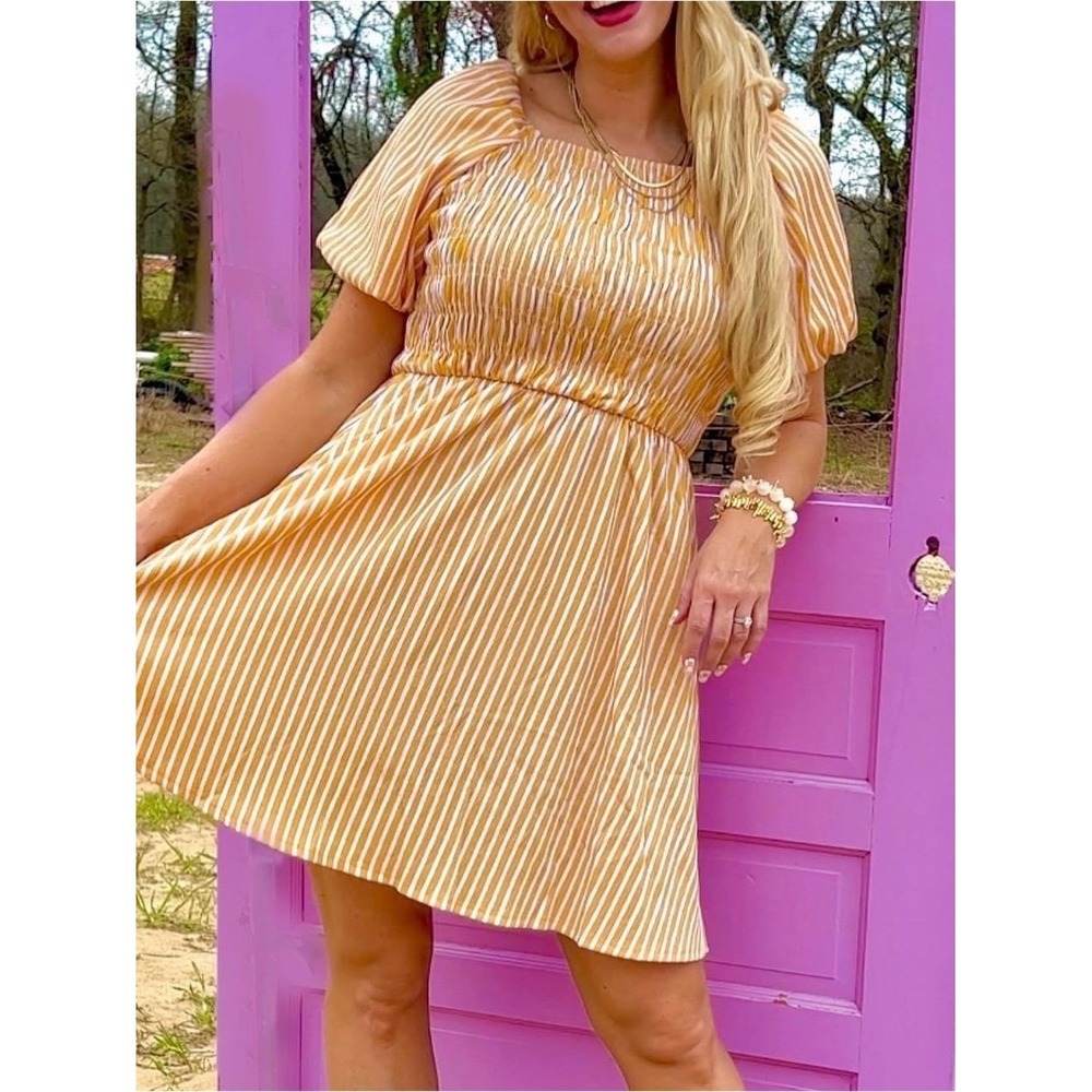 LulaRoe Alina Striped Puff-Sleeve Mini Dress Yellow Women’s Large